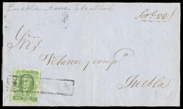 MEXICO. 1858 (Sept 22). Sc. 3º. Acatlan To Puebla. E. Franked 1856 2rs. Green, Puebla Name, Boxed "ACATLAN" (x/xx). - Mexico