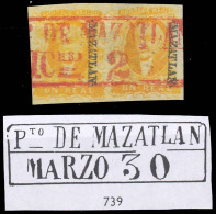 MEXICO. Sc 2º(2). MAZATLAN District. 1rl Intense Yellow Horizontal Pair. Red Cental "PTº De Mazatlan" Date Cancel Box (x - Mexico