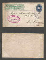 MEXICO - Stationery. 1887 (28 May) Guaymas - USA, SFco. Express Wells Fargo 5c Blue Medalion Stationary Envelope. Oval B - Mexico