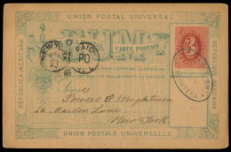 MEXICO - Stationery. 1886. Frontera De Tabasco - USA / NY. 3c Red Stat Card / No Overprint / Blue Oval  + Arrival Ds. Sc - Mexico