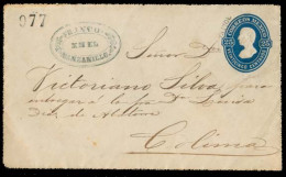 MEXICO - Stationery. C.1877. Manzanillo - Colima. 25c Blue Stat Hidalgo Env / 977 Consignement + Tolima District Name, O - Mexico