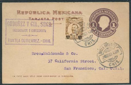 MEXICO - Stationery. 1921 (6 Aug). Tuxtla Gut - SUA. 1c Stat Card + Adtl. Fine. - Mexico