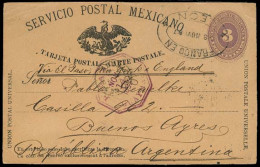 MEXICO - Stationery. 1887. Leon, Gjto - Argentina. Via Guaymas. Scarce 3c Numeral Lilac. SPM Stat Card + Arrival. - Mexico