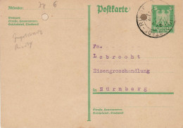GERMANY WEIMAR REPUBLIC 1926 POSTCARD  MiNr P 165 SENT TO NUERNBERG - Briefkaarten