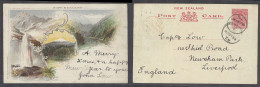 NEW ZEALAND. 1898 (22 Nov). Lower Mouteri - UK, Liverpool 1 1/2d Stat Color Chromolitho Used Postcard Via Nellson. Red L - Sonstige & Ohne Zuordnung