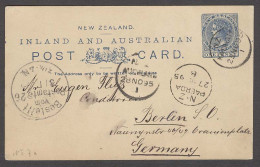 NEW ZEALAND. 1895 (24 Nov). Kati Kati / Puta Kotake - Germany. 1d Blue Stat Card Transits + Arrival Alongside. Fine. - Other & Unclassified