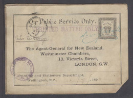 NEW ZEALAND. 1893 (1 July). Wellington - UK / London. Public Service Postage Free Stat Label Card As Printed Matter. Int - Other & Unclassified