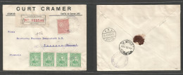 PARAGUAY. 1929 (15 March) Asuncion - Germany, Fuessen (4 Apr) Registered Multifkd Envelope At 4,50 Pesos Rate. 1 Peso Gr - Paraguay