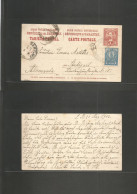 PARAGUAY. 1902 (31 Aug) San Bernardino - Germany, Stuttgart (4 Oct) 4c Red Stat Card + Adtl Blue Cds. VF. - Paraguay