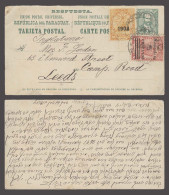 PARAGUAY. 1909 (14 Nov). Asuncion - UK / Leeds. 2c Green Stat Card + 2 Adtls Stamps 1908 Ovptd Habilitado 5c Blue Cds. F - Paraguay