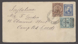 PARAGUAY. 1908 (2 Oct). Asuncion - UK / Leeds (1 Nov). 10c Blue Stat Env 2 Adtl Stamps Incl Habilitado. Fine And Scarce. - Paraguay