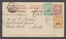 PARAGUAY. 1909 (28 May). Asuncion - UK / Leeds (25 June). 4c Red Stat Card + 2 Atls / 1908 Issue / Violet Cds. Fine Usag - Paraguay