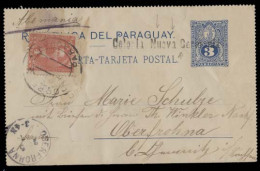 PARAGUAY. 1897 (24 March). Colonia Nueva Germania - Germany. 3c Blue Stat Letter Sheet + 4c Adtl Stline (xxx / R). Stamp - Paraguay