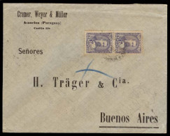 PARAGUAY. 1896 (Nov). Asuncion - Argentina. Env Fkd 10c Ultramar Vert Pair (pinhole) / Cds. Fine. Arival Cds. - Paraguay