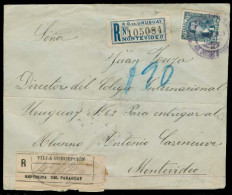 PARAGUAY. 1901. Villa Concepcion - Uruguay. Reg Fkd Env Single 1 Peso Blue Tied Cds + 2 R-label Transits. Scarce Usage S - Paraguay