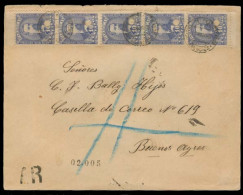 PARAGUAY. 1895. Asuncion - Argentina. Reg AR Multifkd Env 10c X5 Vert Strip Oof Five. Arrival Cds Reverse. Fine. - Paraguay