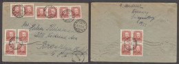 POLAND. 1951 (26 April). Groszy. Warsaw - USA / NY. Air Red Ovptd Type + Block Of Four On Reverse (14 Stamps). Fine Larg - Altri & Non Classificati