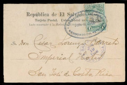 SALVADOR, EL. 1906 (8 June). Salvador - San Jose / Costa Rica. Fkd PPC / 1c Ship / Oval Cachet Arrival. Rare Intra Centr - Salvador