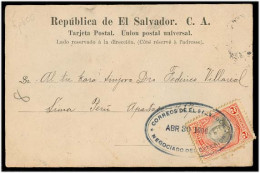 SALVADOR, EL. 1906 (30 April). Salvador - Peru. Fkd PPC 2c / Violet Date Cachet. VF. Scarce Dest Mail. - Salvador