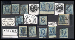 MEXICO. Sc. 1º (14). 1/2 Rl Blue. Collection Remainder. No District Name. 14 Used Stamps, Including One Pair. Lagos, Nie - Messico