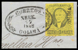 MEXICO. Sc. 9º. 1861 4rs Black/yellow, Good Margins. COLIMA DISTRICT, Bottom To Top At Left. Beautifully Tied On Piece B - Mexico