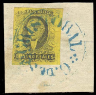 MEXICO. Sc. 9b, Used. 1861 4rs Blck / Yellow. Large Margins, No District Name (Chiapas) On Piece, "San Cristobal" Blue C - Messico