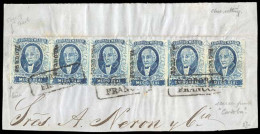 MEXICO. Sc. 1 (6). Used. 1856 1/2 Real Blue, Close Setting. Horizontal STRIP OF SIX With Good Margins, Border Edge At Le - Mexico