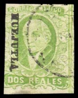 MEXICO. Sc. 3, Used. 1856. 2rs Green HUEJUTLA District Name, Cancelled Cds, Grease Dirt At Bottom Edge Outside Of Print, - Mexico