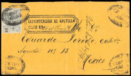 MEXICO. 1874 (26 Jan.). Sc. 98º. Saltillo To Mexico. Most Unusual Complete Envelope, Registered, Franked 1872 100c Grey/ - Mexico