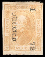 MEXICO. 1872. Sc 96 (*). 50c Orange. Engraved Trial Color Proof In Color Issue, No Moire, No Gum, Imperf, Ovptd Gothic " - Mexico