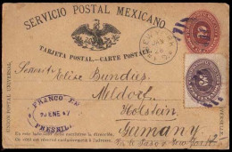 MEXICO. 1887(20Jan). Fresnillo To Germany. 2c Red Numeral Stat.card+3 C Lilac Adtl Tied Lilac Grill Bars, Oval "Franco E - Mexico