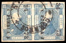 MEXICO. Sc 94º(2). 1872. 12c.blue Horizontal Pair, Good Margins. Puebla District 34-73, Cancelled Acatlan. VF. - Mexico