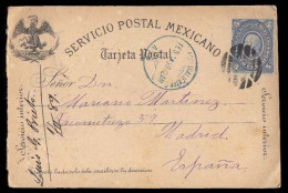 MEXICO. 1889 (Feb.). MEXICO - ESPAÑA. Aguascalientes To Madrid.5c Blue Medalion Stationary Card,black Cork, Blue Cds. Vi - Mexico