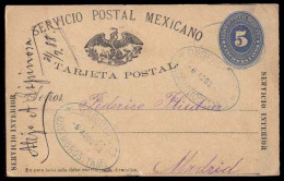 MEXICO. 1888( July 31) MEXICO-ESPAÑa. J.Jimenez/Tamaulipas To Madrid/Spain. 5c.blue Numeral Stat.card, Blue Cancel. Via  - Mexico