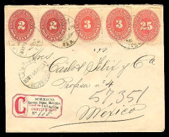 MEXICO. 1891 (May). Papantla To Mexico. Registered Envelope Franked Numeral Issue 2c(2), 3c(2) And 25c. With Label Along - Mexique