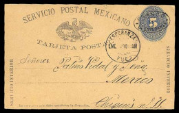 MEXICO. 1890(January). La Esperanza/Puebla To Mexico. 5c Blue Numeral Card With Oval '' Franco En La Esperanza''. Very F - Mexique