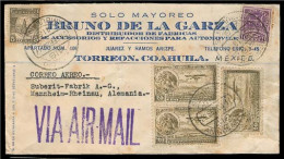 Mexico - XX. 1938 (28 Sept). Torreon / Coah - Germany. Ilustrated De La Garza / Air Multifkd Env / Servicio Ambulante 41 - Mexico