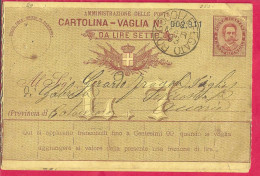 INTERO CARTOLINA-VAGLIA UMBERTO C.15 DA LIRE 7 (CAT. INT. 11) -VIAGGIATA DA BORGOCOLLEFEGATO*22.MAR.93* PER SERRASTRETTA - Stamped Stationery