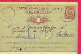 INTERO CARTOLINA-VAGLIA UMBERTO C.15 DA LIRE 6 (CAT. INT. 10) -VIAGGIATA DA SEUI *26.MAR.93* PER PALERMO - Stamped Stationery