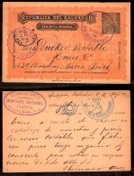 SALVADOR, EL. 1893. Juayná, Acayutla - USA. 2c Stat Card / Violet Cachet. XF + Great Appeal. Via El Progreso. Scarce Pos - Salvador