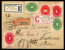 MEXICO. 1889(March 10th). Registered Cover To Modena, Italy Franked By 1887 Numeral Issue 2x1c Green, 2x4c Red And Singl - México