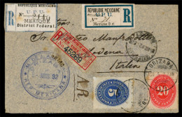 MEXICO. 1892(Aug 5th). Registered Cover To Italy Franked By Numeral Issue 1890 5c Blue And 25c Bright Red Tied By Orizab - México