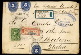 MEXICO. 1887(July 9th). Registered Cover To Modena, Italy Franked By Numeral Issue 3x5c Blue And 1884 Hidalgo 20c Green  - México