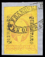 MEXICO. Sc. 10º. 1861 4rs Red / Yellow. Good Margins On Piece. QUERETARO District Name. DOUBLE Strike At Both Sides, Ova - México