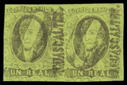 MEXICO. Sc. 7º (2). 1861 1 Rl Black / Green. Horizontal Pair. AGUASCALTES District Name, "O" Cancel. Sch. 12. A Very Rar - México