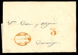 MEXICO - Stampless. 1846 (Dec. 26). Culiacan To Durango. E. Red Fancy Oval "CUALIACAN" (xx) + "3" (MZ47). Fine And Very  - Mexique