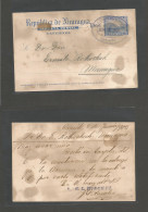 NICARAGUA. 1905 (8 Junio) Corinto - Managua (9 June) 2 Centavos Revalidated On 6 Cent Blue Stationary Card For Local Usa - Nicaragua