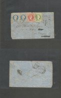 MONTENEGRO. 1870 (28 Apr) Austria Postal Admin. Antivari - Italy, Bergamo. Multifkd Env At 28 Soldi Rate, Red Black Cds  - Montenegro