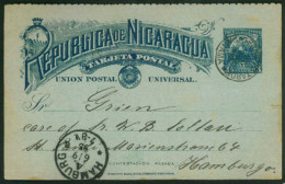 PANAMA. 1895(Aug). NICARAGUA. 3c Blue On Greenish Postal Stationery Card Used To Germany Cancelled By Fine Strike Of Rar - Panamá