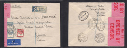 PALESTINE. 1939 (29 Oct) Tel Aviv - Switzerland, Geneve. Registered Air Multifkd Env. Depart Censor Level. Red Cross Mai - Palestine